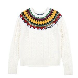 Polo Ralph Lauren Girls Fair Isle Aran Knit Sweater Cream Colorful M 8-10 $185